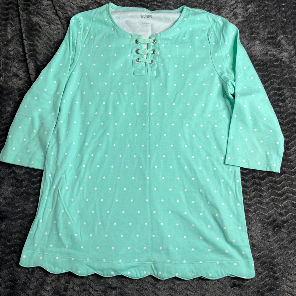 Blair Womens S Green & White Polka Dot Knit Blouse Top
